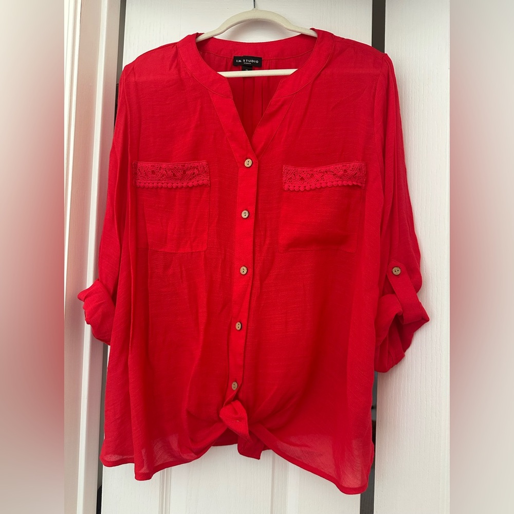 Red Button-Up Women's Top IN studio. 1X